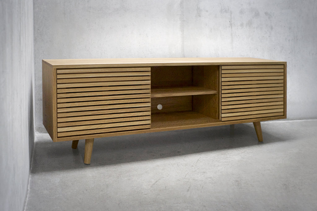 Solid White Oak Media Credenza with Three Slatted Doors