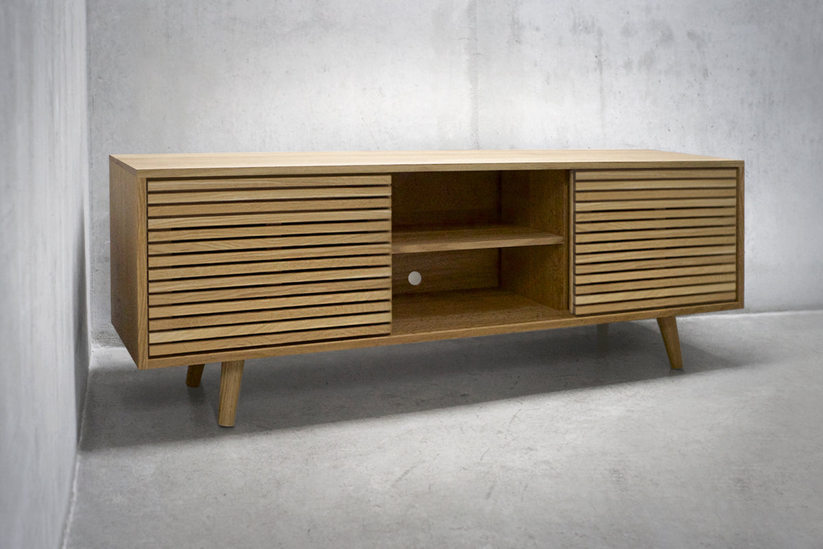 Solid White Oak Media Credenza with Three Slatted Doors