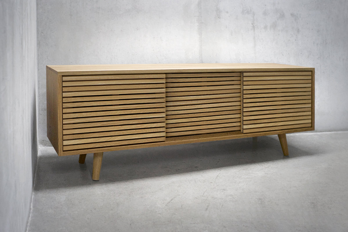 Solid White Oak Media Credenza with Three Slatted Doors